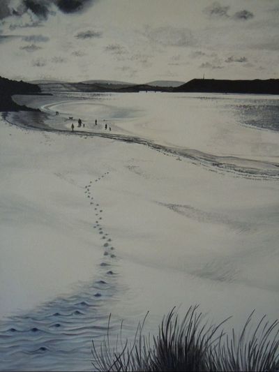 Painting in acrylic of Rock Beach in Cornwall.This black & White painting was taken from my photograph.